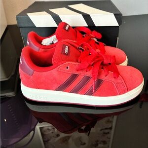adidas Red Suede Sneakers with Burgundy Stripes